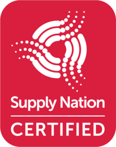 Red badge with a white abstract logo resembling swirling dots. Text reads "Supply Nation CERTIFIED," emblematic of quality in dry plant hire.
