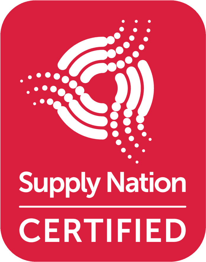 Red badge with a white abstract logo resembling swirling dots. Text reads "Supply Nation CERTIFIED," emblematic of quality in dry plant hire.